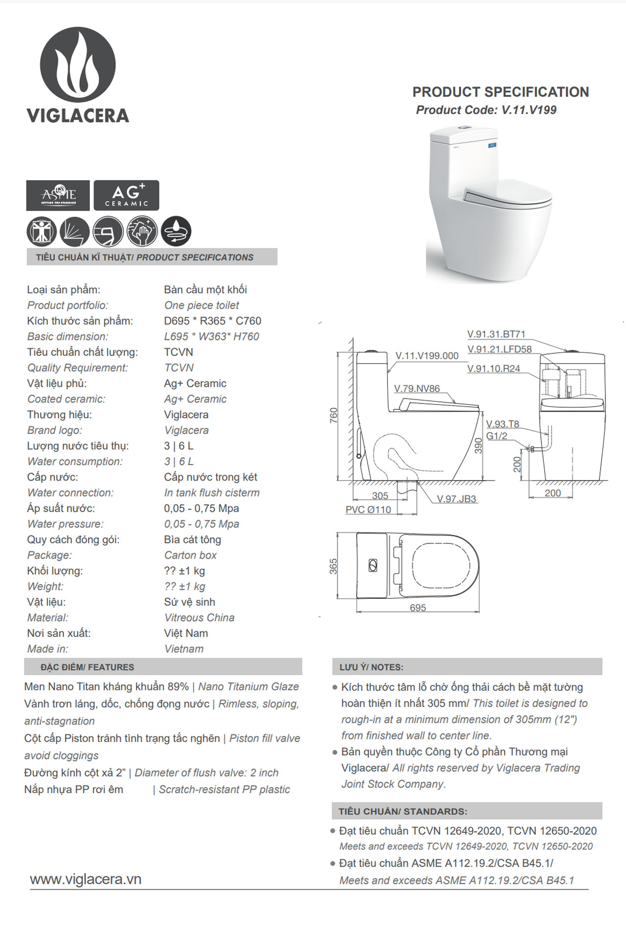 Thông-số-kỹ-thuật-Bồn-cầu-1-khối-VIGLACERA-V199-nắp-êm