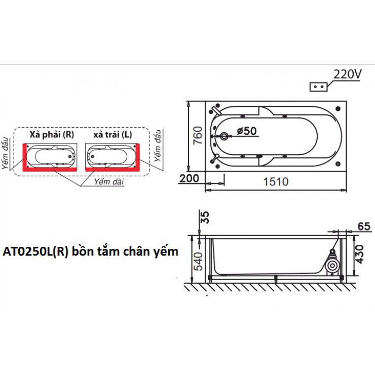 CAESAR AT0250L/R - Bồn tắm chân yếm