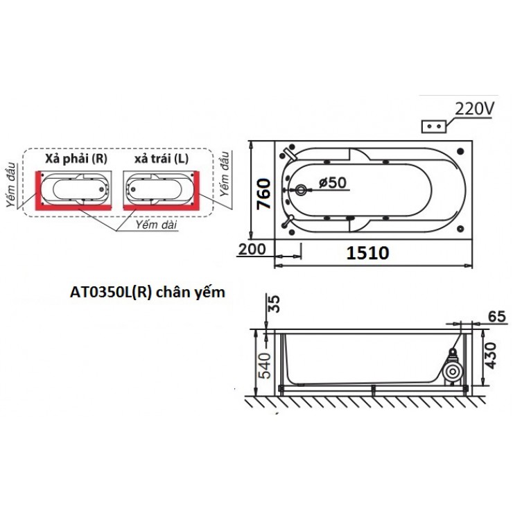 CAESAR AT0350L/R - Bồn tắm chân yếm