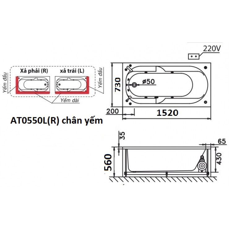 CAESAR AT0550L/R - Bồn tắm chân yếm