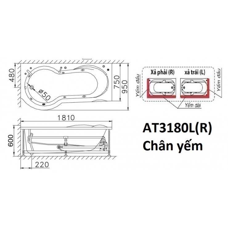 CAESAR AT3180L/R - Bồn tắm chân yếm