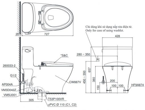 TOTO MS887RW7 - Bồn cầu thông minh nắp rửa điện tử TCF6631A