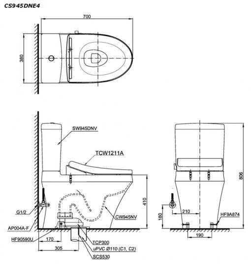 Bản vẽ kích thước TOTO CS945DNE4 - Bồn cầu 2 khối nắp rửa cơ TCW1211A