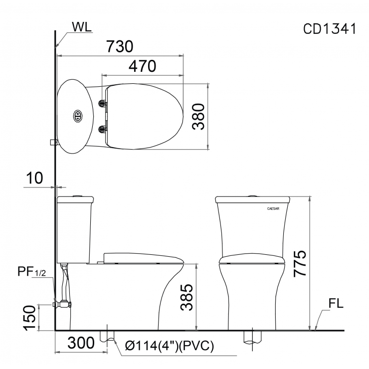 CAESAR CD1341 Thùng T1241 - Bồn cầu 2 khối nắp êm