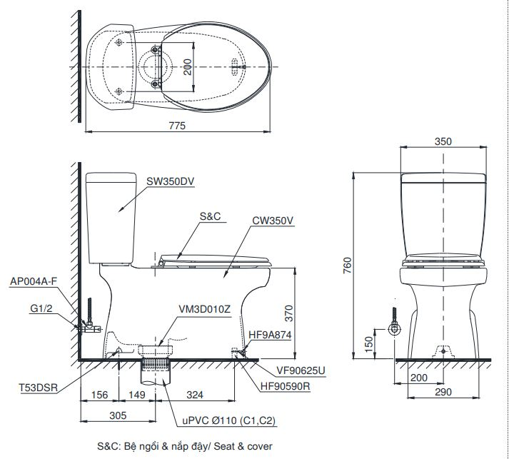 TOTO CS350DW11 - Bồn cầu thông minh nắp rửa điện tử TCF4911Z