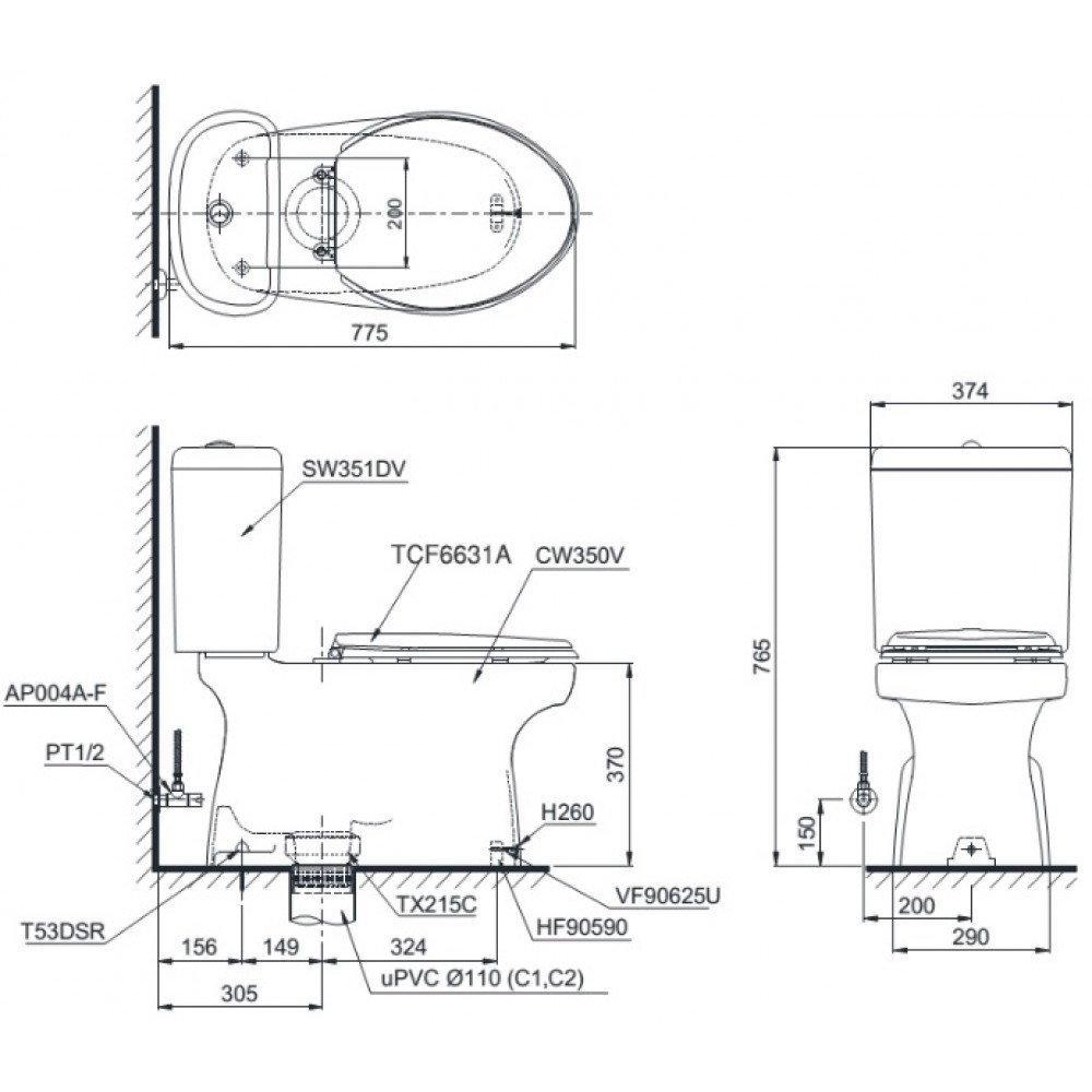 TOTO CS351DW7 - Bồn cầu thông minh nắp rửa điện tử TCF6631A