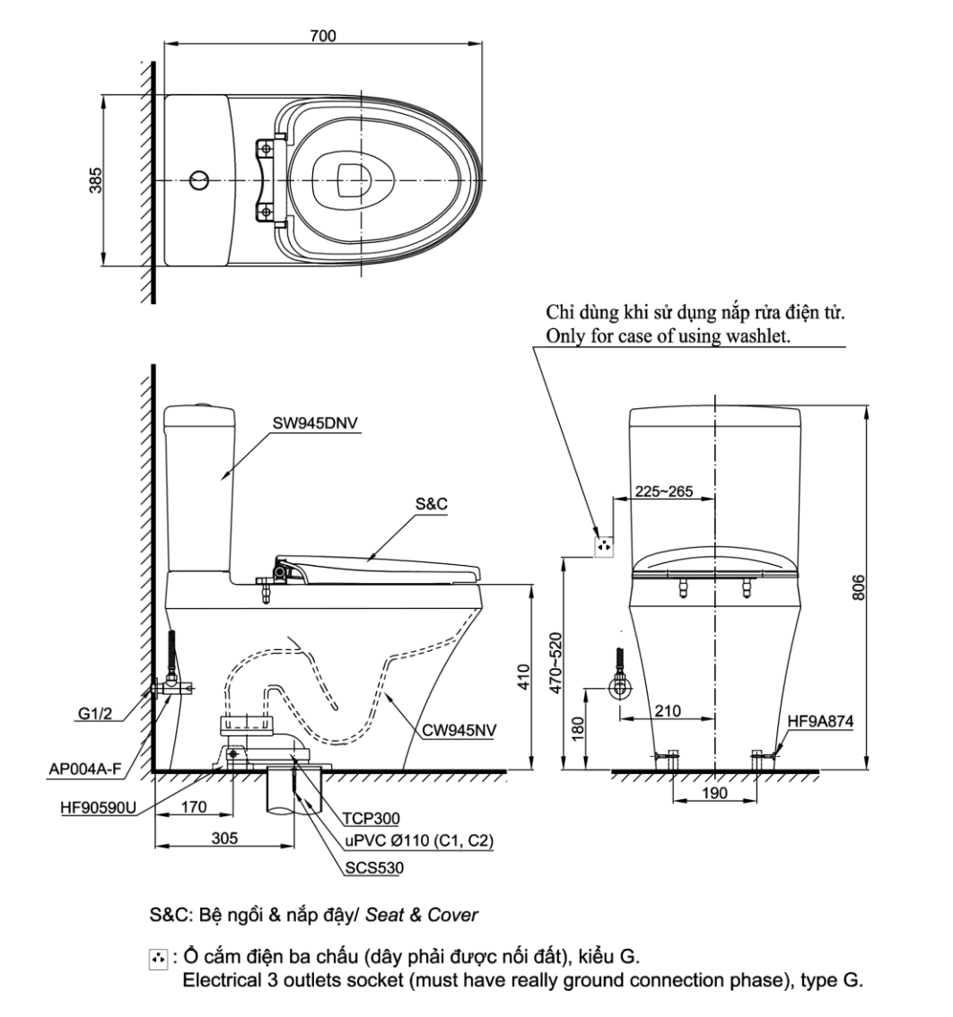 TOTO CS945DNE2 - Bồn cầu thông minh nắp rửa cơ TCW07S