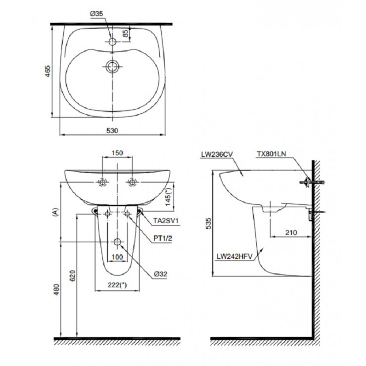 TOTO LHT236CS - Chậu lavabo treo tường chân ngắn 1 TOTO LHT236CS - Chậu lavabo treo tường chân ngắn
