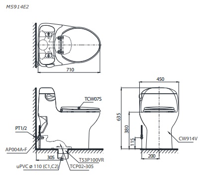 TOTO MS914E2 (MS914RE2) - Bồn cầu thông minh nắp rửa cơ TCW07S