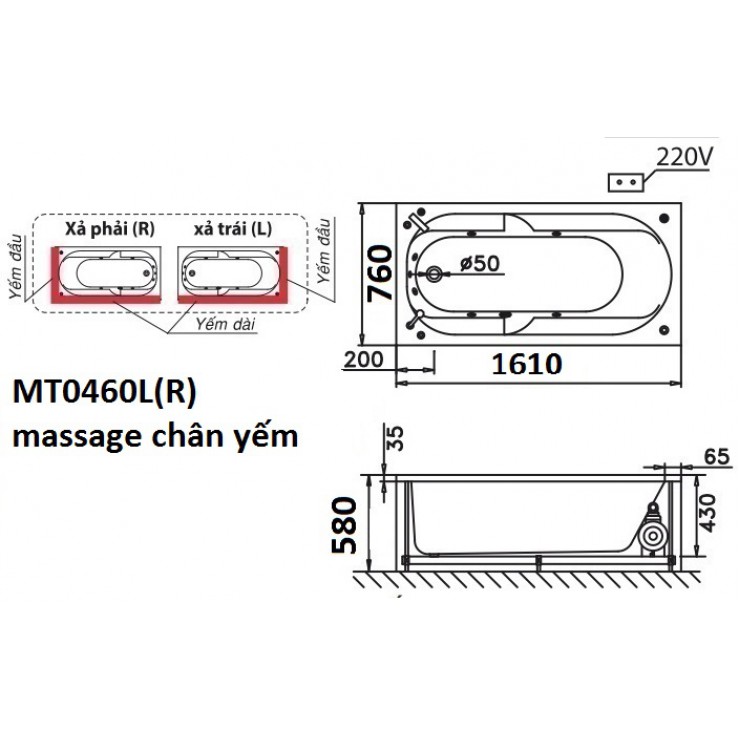 CAESAR MT0460L/R - Bồn tắm massage chân yếm