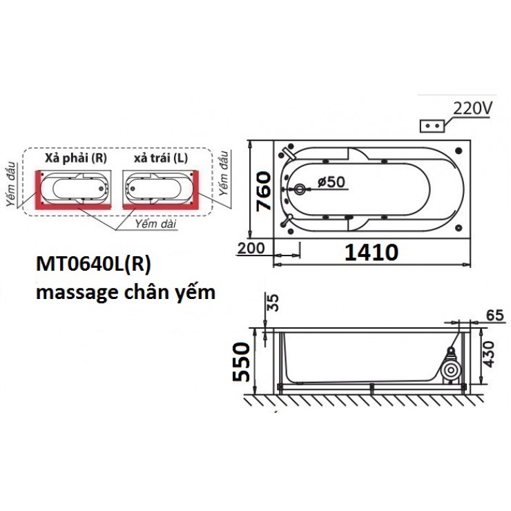 CAESAR MT0640L/R - Bồn tắm massage chân yếm