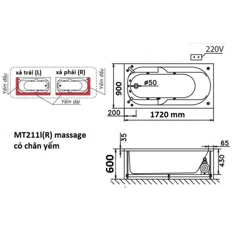 CAESAR MT211L/R - Bồn tắm massage chân yếm