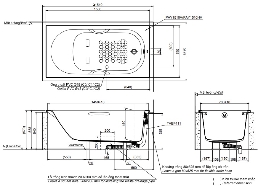 TOTO PAY1520HV#W/TVBF411 - Bồn tắm xây