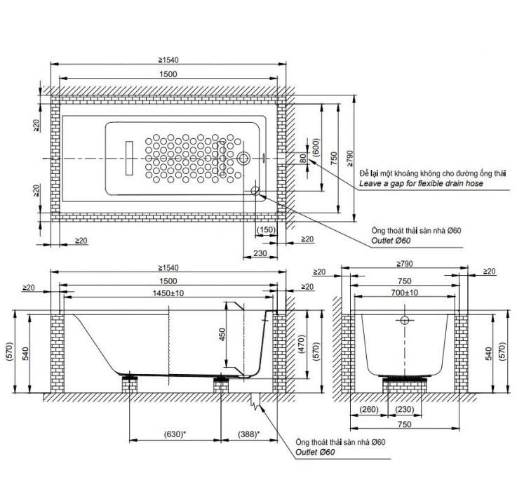 TOTO PAY1580D/DB501R-2B/TVBF412 - Bồn tắm xây