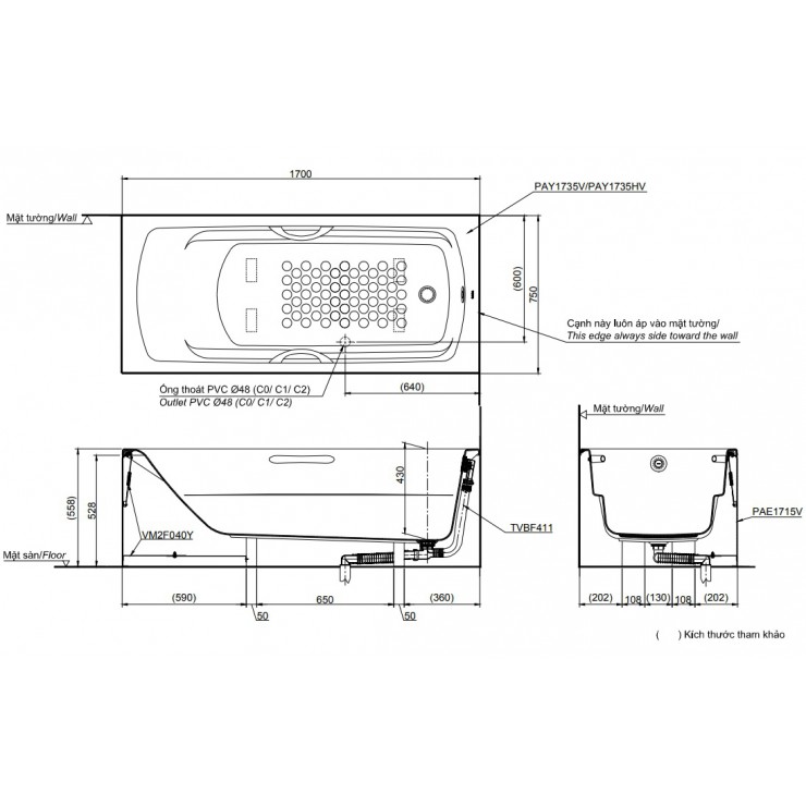 TOTO PAY1735HVC/TVBF411 - Bồn tắm chân yếm 1 TOTO PAY1735HVC/TVBF411 - Bồn tắm chân yếm