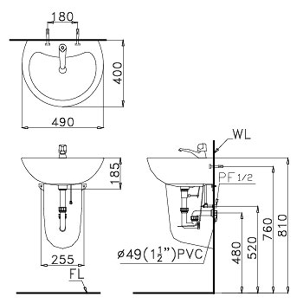 CAESAR L2150 P2441 - Chậu lavabo treo tường chân ngắn