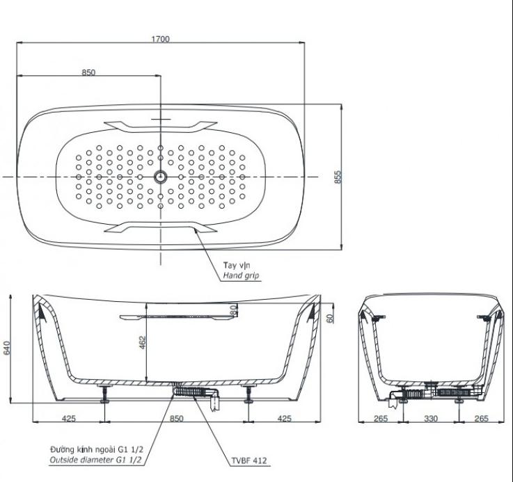 TOTO PJY1734HPWEN#GW/TVBF412 - Bồn tắm lập thể đá cẩm thạch