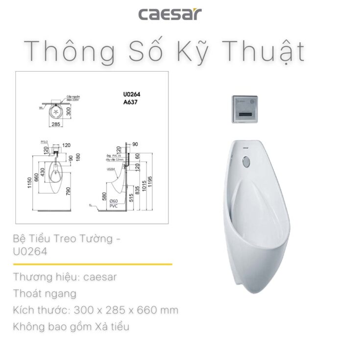 Bồn tiểu nam CAESAR U0264 treo tường - Ảnh 3