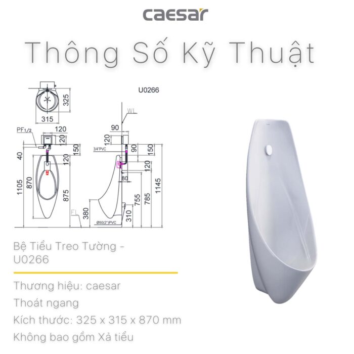 Bồn tiểu nam CAESAR U0266 treo tường - Ảnh 3