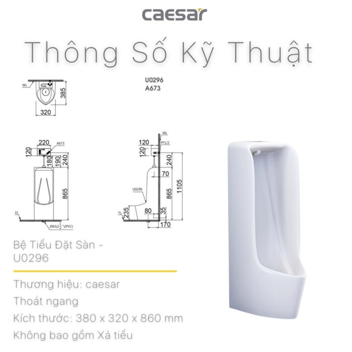 Bồn tiểu nam CAESAR U0296 đặt sàn - Ảnh 3