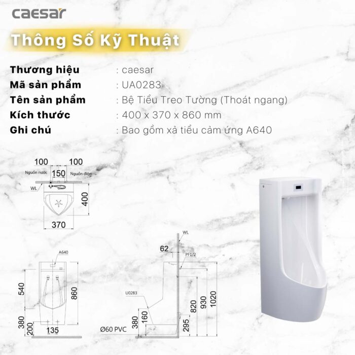 Bồn tiểu nam CAESAR UA0283 cảm ứng treo tường - Ảnh 3
