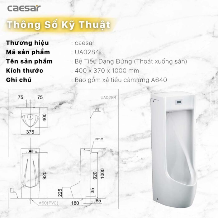 Bồn tiểu nam Caesar UA0284 cảm ứng đặt sàn - Ảnh 3