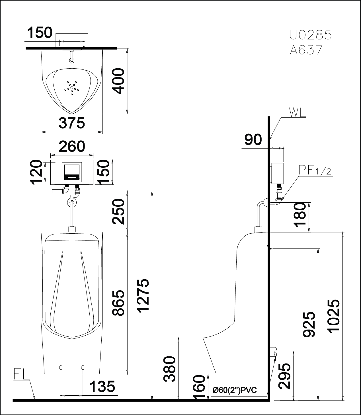 CAESAR U0285 - Bồn tiểu nam treo tường xả thẳng 1 CAESAR U0285 - Bồn tiểu nam treo tường xả thẳng