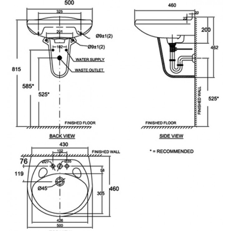 AMERICAN STANDARD VF-0969/VF-0912 Casablanca - Chậu lavabo treo tường chân ngắn 1 AMERICAN STANDARD VF-0969/VF-0912 Casablanca - Chậu lavabo treo tường chân ngắn