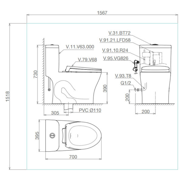 Bản vẽ kĩ thuật Bồn cầu 1 khối VIGLACERA V63 nắp êm