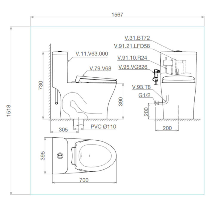Bản vẽ kĩ thuật Bồn cầu 1 khối VIGLACERA V63 nắp êm