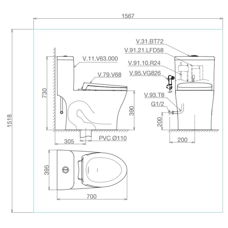 Bản vẽ kĩ thuật Bồn cầu 1 khối VIGLACERA V63 nắp êm