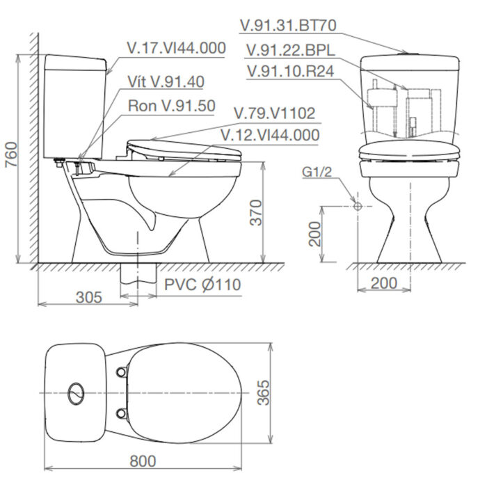 Bản-vẽ-kĩ-thuật-Bồn-cầu-2-khối-VIGLACERA-VI44-nắp-thường-V1102