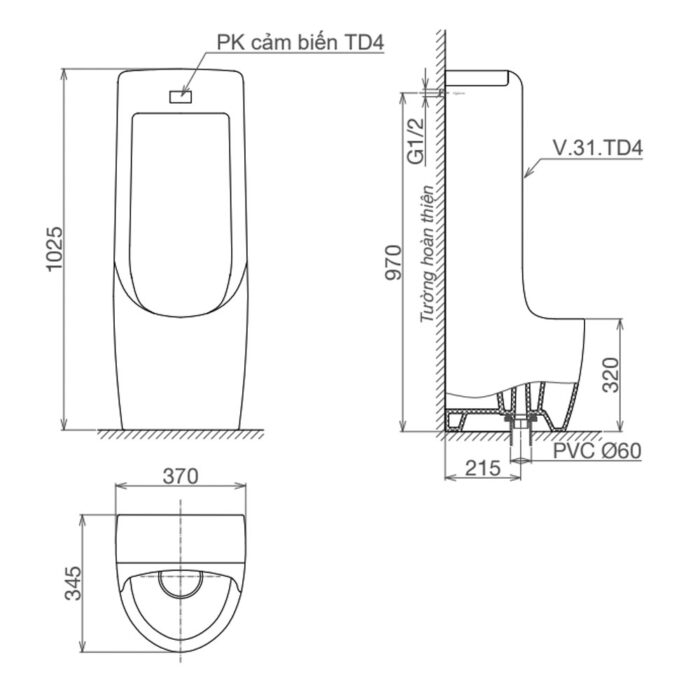 Bản vẽ kĩ thuật Bồn tiểu nam VIGLACERA TD4 đặt sàn cảm ứng dùng pin