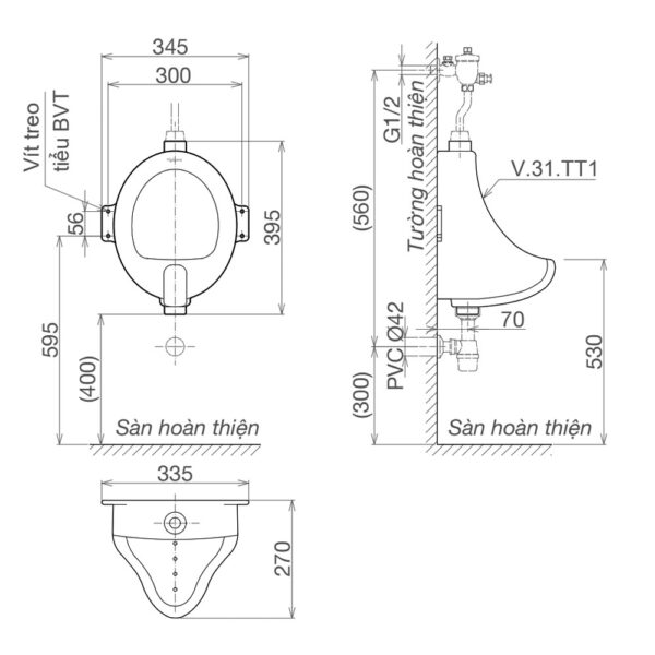 Bản vẽ kĩ thuật Bồn tiểu nam VIGLACERA TT1 treo tường