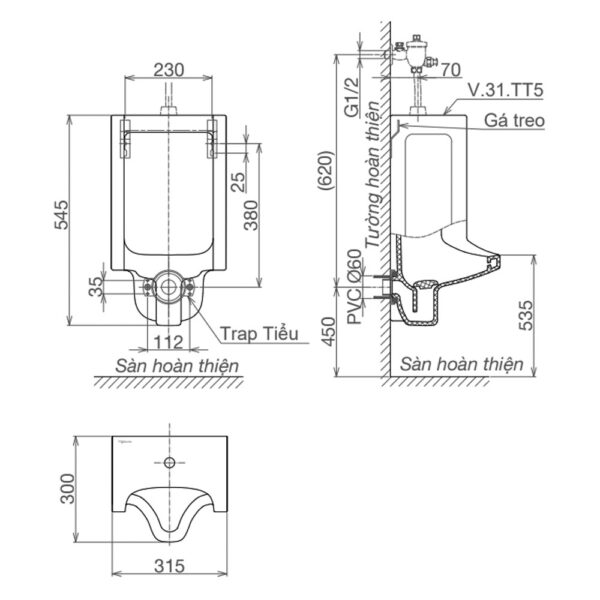 Bản vẽ kĩ thuật Bồn tiểu nam VIGLACERA TV5 (TT5) treo tường