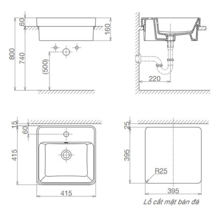 Bản vẽ kĩ thuật chậu lavabo VIGLACERA V24 đặt bàn