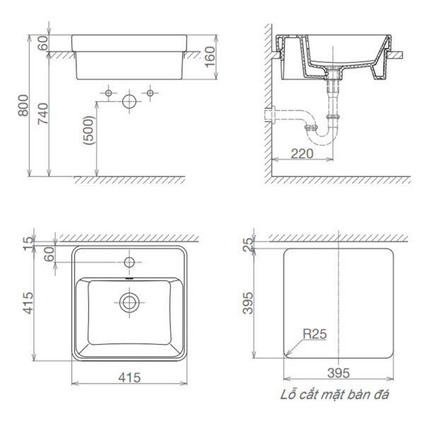 Bản vẽ kĩ thuật chậu lavabo VIGLACERA V24 đặt bàn