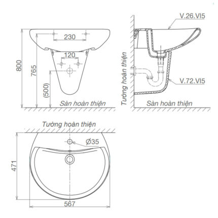Bản-vẽ-kĩ-thuật-chậu-lavabo-VIGLACERA-VI5-kèm-chân-lửng-treo-tường