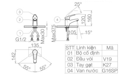 Bản vẽ kỹ thuật Vòi lavabo VIGLACERA VG102 nóng lạnh