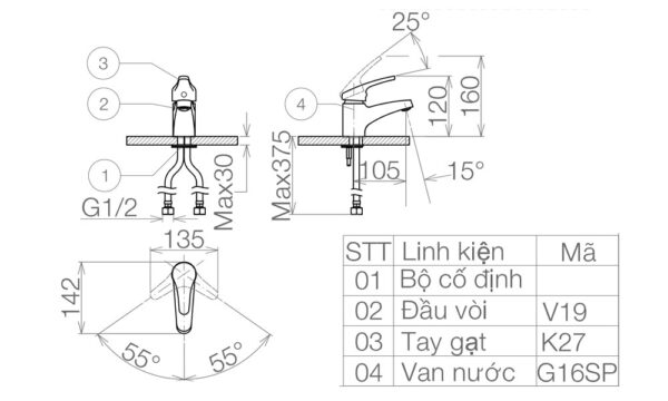 Bản vẽ kỹ thuật Vòi lavabo VIGLACERA VG102 nóng lạnh