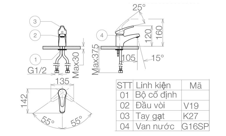 Bản vẽ kỹ thuật Vòi lavabo VIGLACERA VG102 nóng lạnh