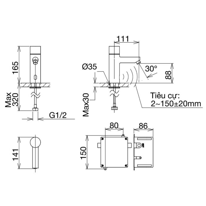 Bản vẽ kỹ thuật Vòi lavabo VIGLACERA VG 1023 cảm ứng nóng lạnh dùng pin