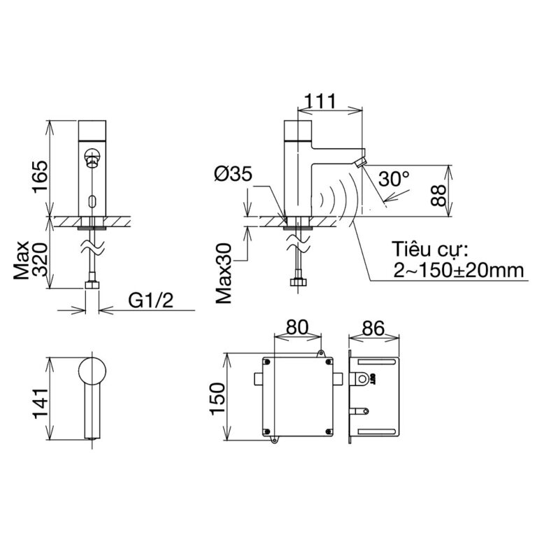 Bản vẽ kỹ thuật Vòi lavabo VIGLACERA VG 1023 cảm ứng nóng lạnh dùng pin