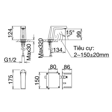 Bản vẽ kỹ thuật Vòi lavabo VIGLACERA VG1028 VG1028.1 cảm ứng dùng pin