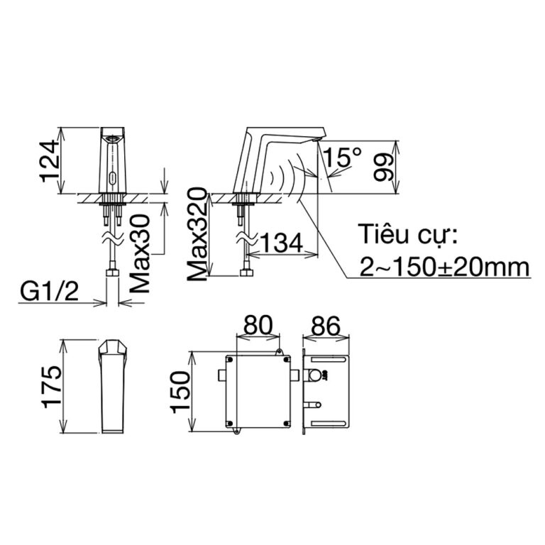 Bản vẽ kỹ thuật Vòi lavabo VIGLACERA VG1028 VG1028.1 cảm ứng dùng pin