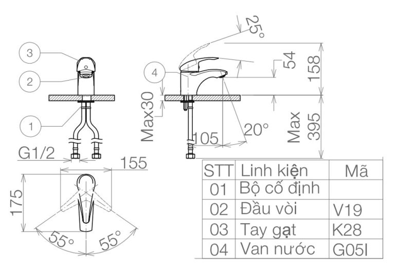 Bản vẽ kỹ thuật Vòi lavabo VIGLACERA VG104 nóng lạnh
