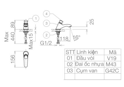 Bản vẽ kỹ thuật Vòi lavabo VIGLACERA VG109 bán tự động lạnh