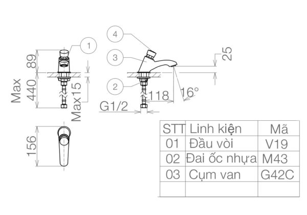 Bản vẽ kỹ thuật Vòi lavabo VIGLACERA VG109 bán tự động lạnh
