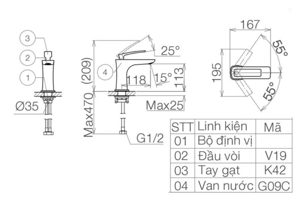 Bản vẽ kỹ thuật Vòi lavabo VIGLACERA VG142 nóng lạnh