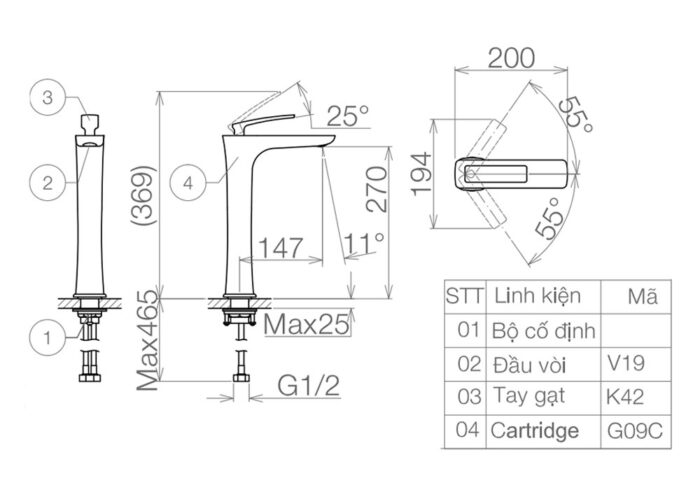 Bản vẽ kỹ thuật Vòi lavabo VIGLACERA VG142.1 cổ cao nóng lạnh